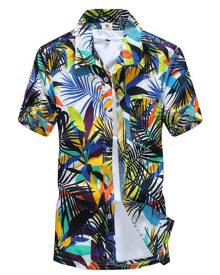 milanoo.com Blue Casual Shirt Men Leaf Print Short Sleeve Summer Beach Shirt