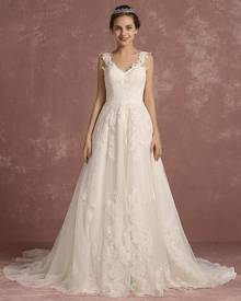 milanoo.com Lace Wedding Dress Illusion A Line Bridal Gown V Neck Sleeveless Chapel Train Bridal Dress