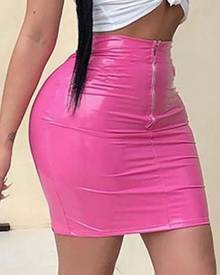 milanoo.com Women Skirt Pink PU Leather Autumn And Winter Women Bottoms Skirt