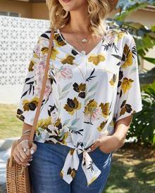 milanoo.com Blouse For Women White Printed Knotted V Neck Half Sleeves Tops milanoo.com Blouse For Women White Printed Knotted V Neck Half Sleeves Tops