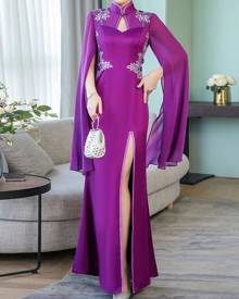 milanoo.com Qipao Maxi Dress Long Sleeves Blue Floral Applique Cut Out Long Dress milanoo.com Qipao Maxi Dress Long Sleeves Blue Floral Applique Cut Out Long Dress