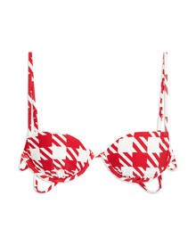 Ruched Underwire Oversized Houndstooth Bikini Top - Cherry Red White L