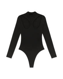 Mock Neck Rayon Cutout Bodysuit - Black XXS