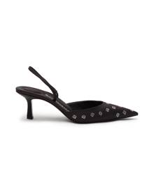 ALEXANDER WANG ‘Delphine' Crystal Embellished Logo Satin Slingback Mules ALEXANDER WANG ‘Delphine' Crystal Embellished Logo Satin Slingback Mules