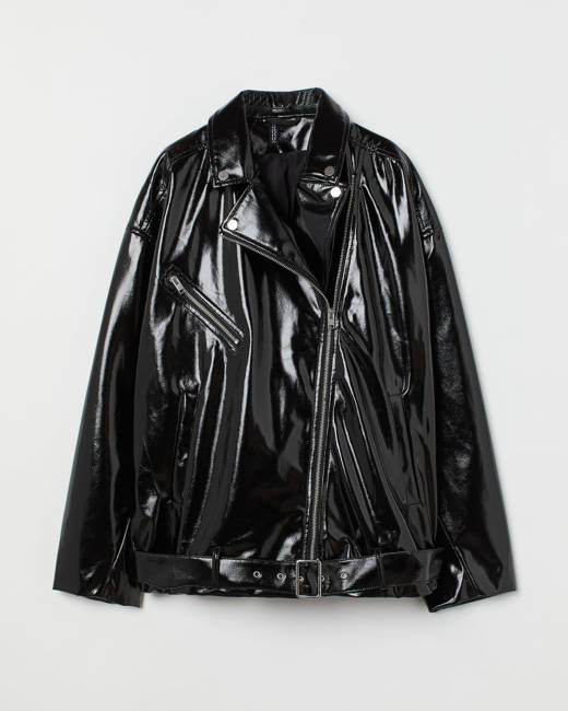 Fur Collar Black Patent Leather Jacket - Alex Malay