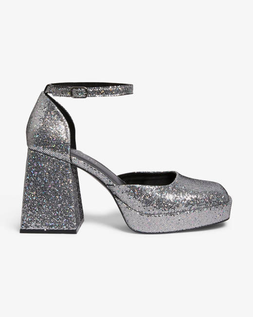 Women Glitter Platform Chunky Heeled Sandals, Glamorous Silver Ankle Strap  Sandals | SHEIN USA