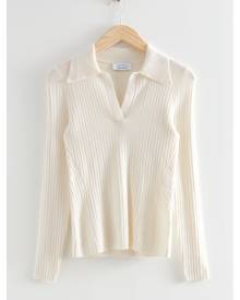 H & M - Fitted Ribbed Polo Top - White